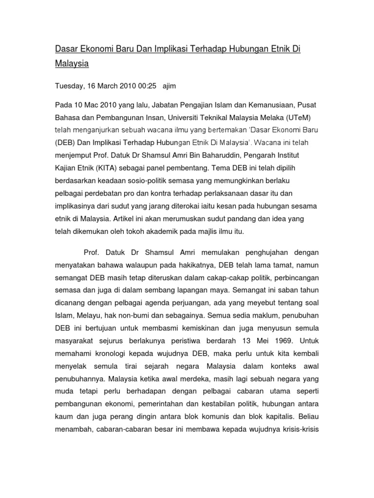 Dasar Ekonomi Baru Dan Implikasi Terhadap Hubungan Etnik Di Malaysia Pdf