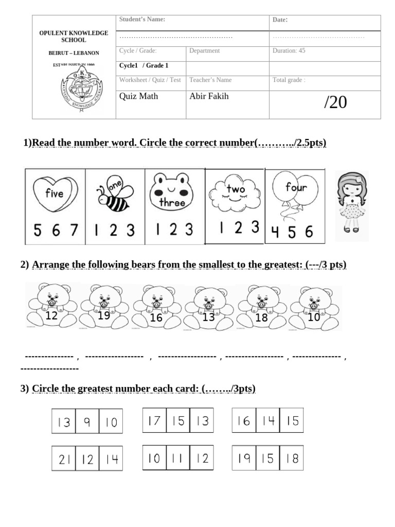 Grade 1 Math Quiz Worksheet | PDF