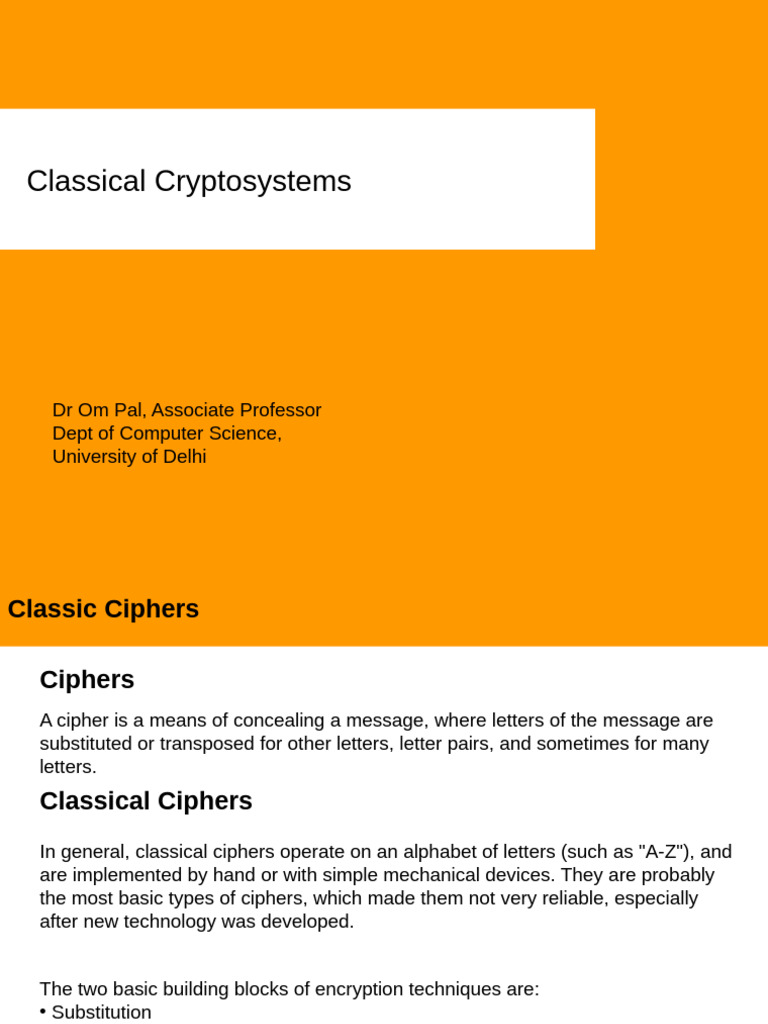 Overview of Classical Cryptosystems | PDF | Cipher | Cryptography