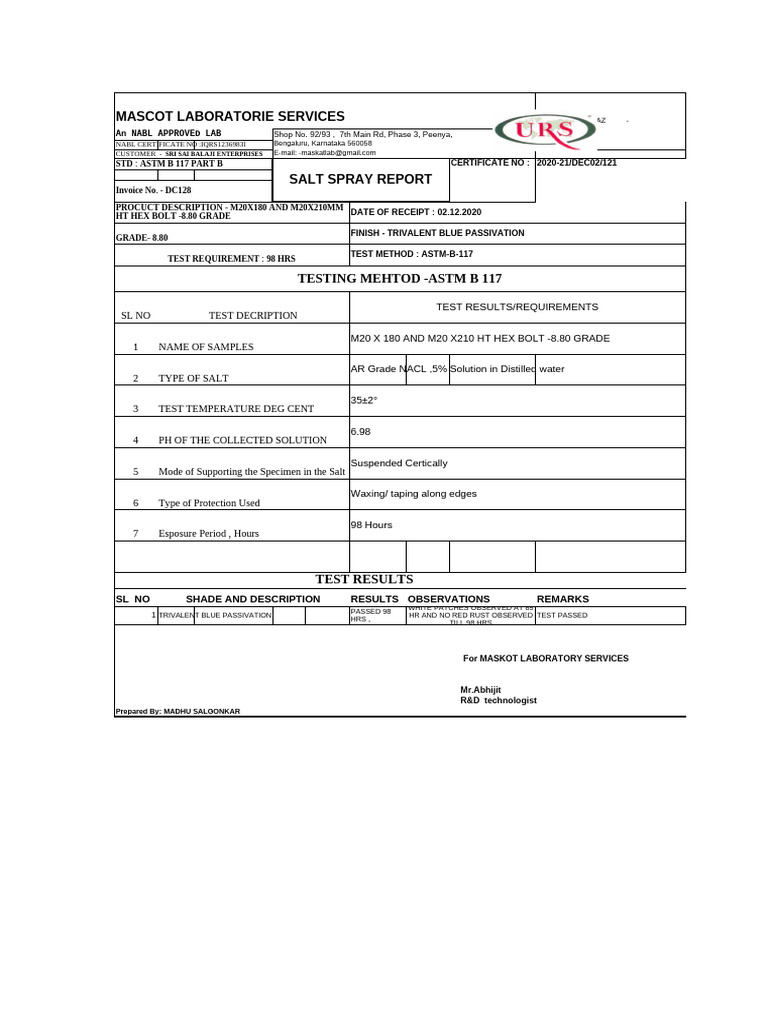 Salt Spray Test Report for Fasteners | PDF | Materials Science ...