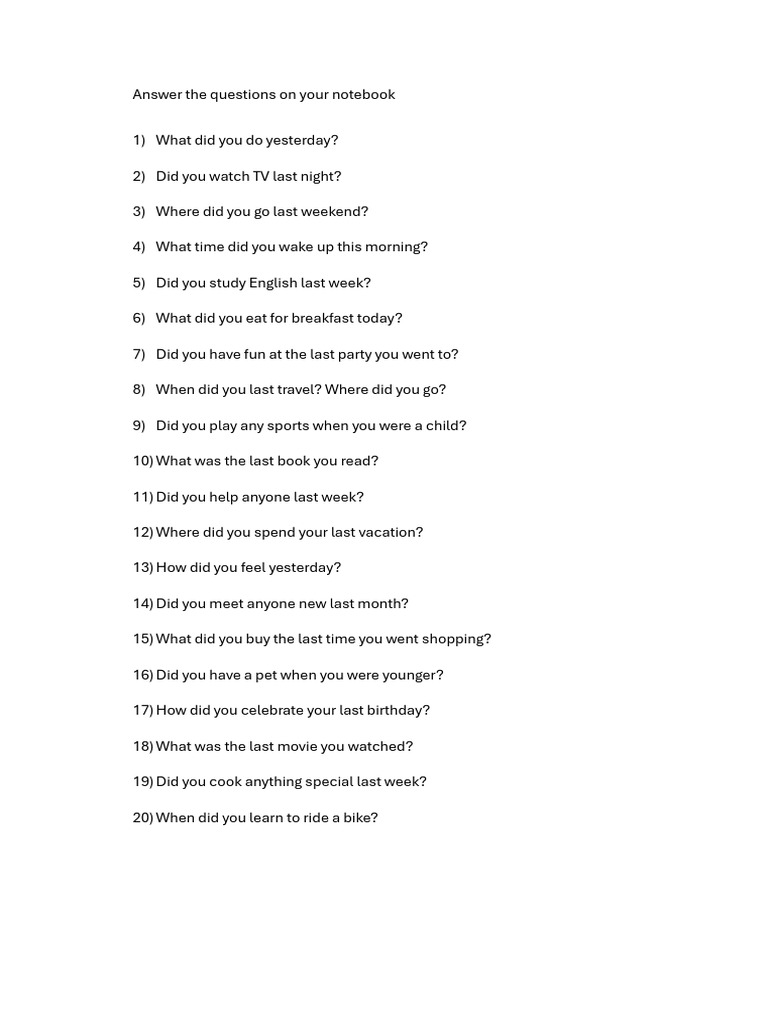 Conversation Questions 2C Simple Past | PDF