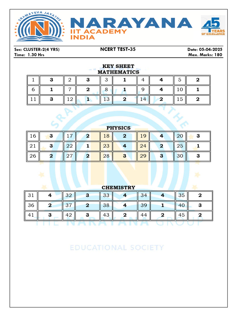 NCERT Test 35 Key Solutions for 4-Year Cluster | PDF | Geometry ...