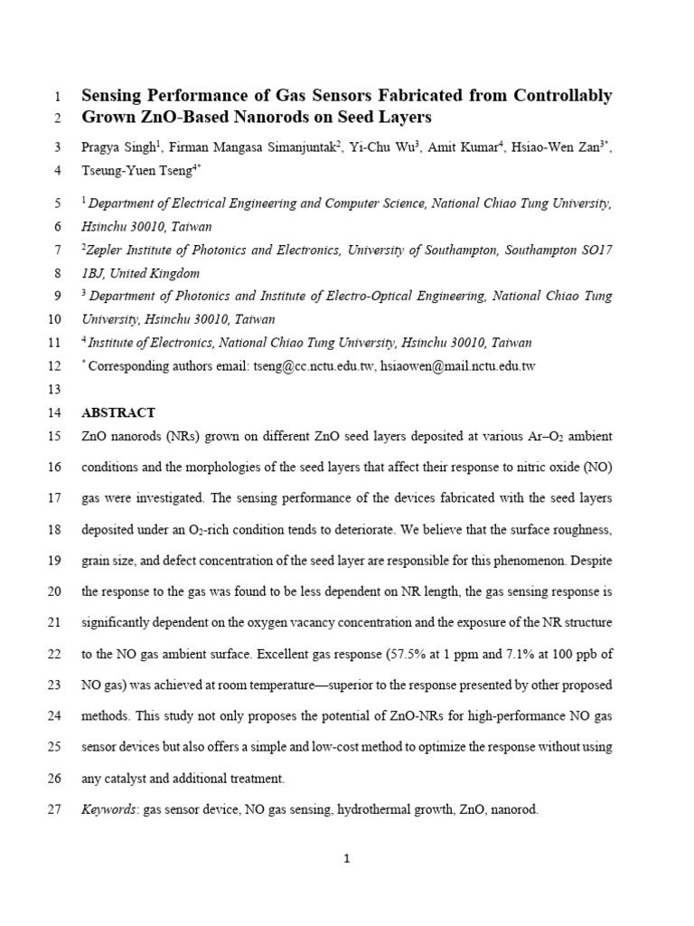 ZnO Nanorods for NO Gas Sensing | PDF | Zinc Oxide | X Ray ...