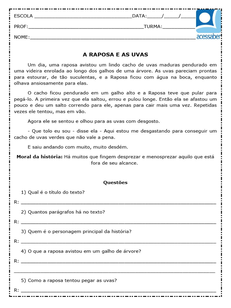 interpretacao-de-texto-a-raposa-e-as-uvas-3-ano-e-4-ano | PDF