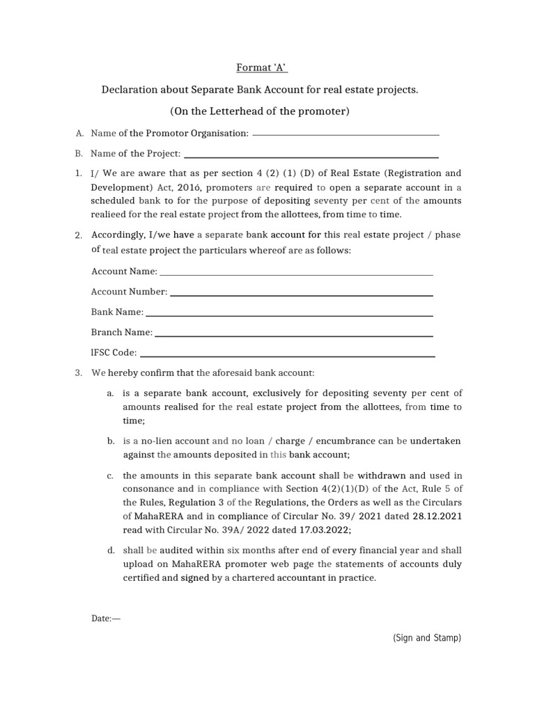 Real Estate Project Bank Account Declaration | PDF