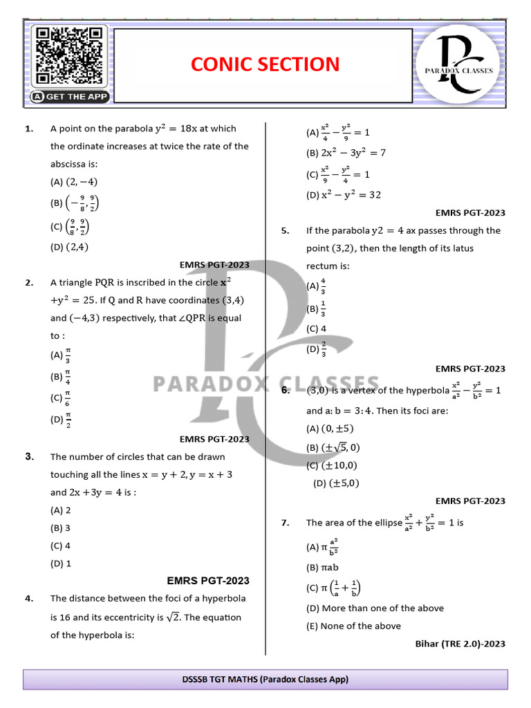 Conic Sections Worksheet Solutions | PDF | Ellipse | Perpendicular