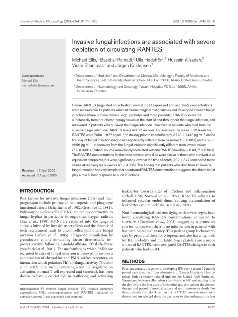 RANTES Levels in Invasive Fungal Infections | PDF | Platelet | Inflammation