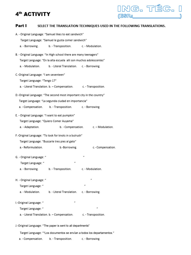 Translation Techniques Activity Guide | PDF | Semantics | Lexical Semantics