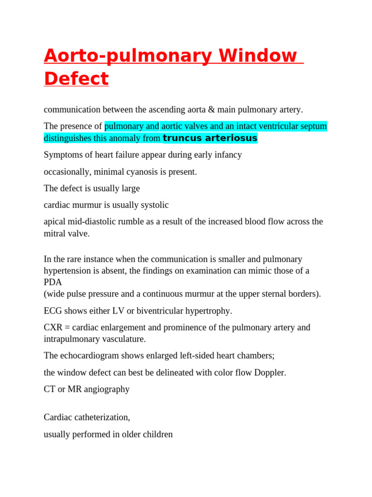 Aorto-Pulmonary Window Defect Overview | PDF