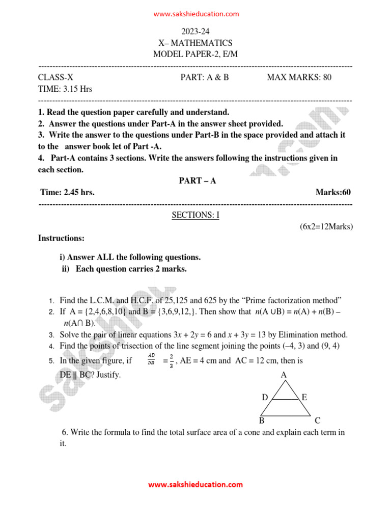 Class X Mathematics Model Paper | PDF | Numbers | Circle