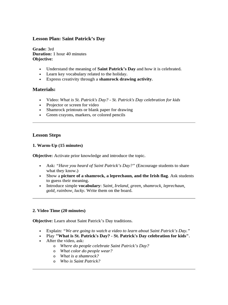 Saint Patrick's Day Lesson Plans | PDF | Vocabulary | Saint Patrick