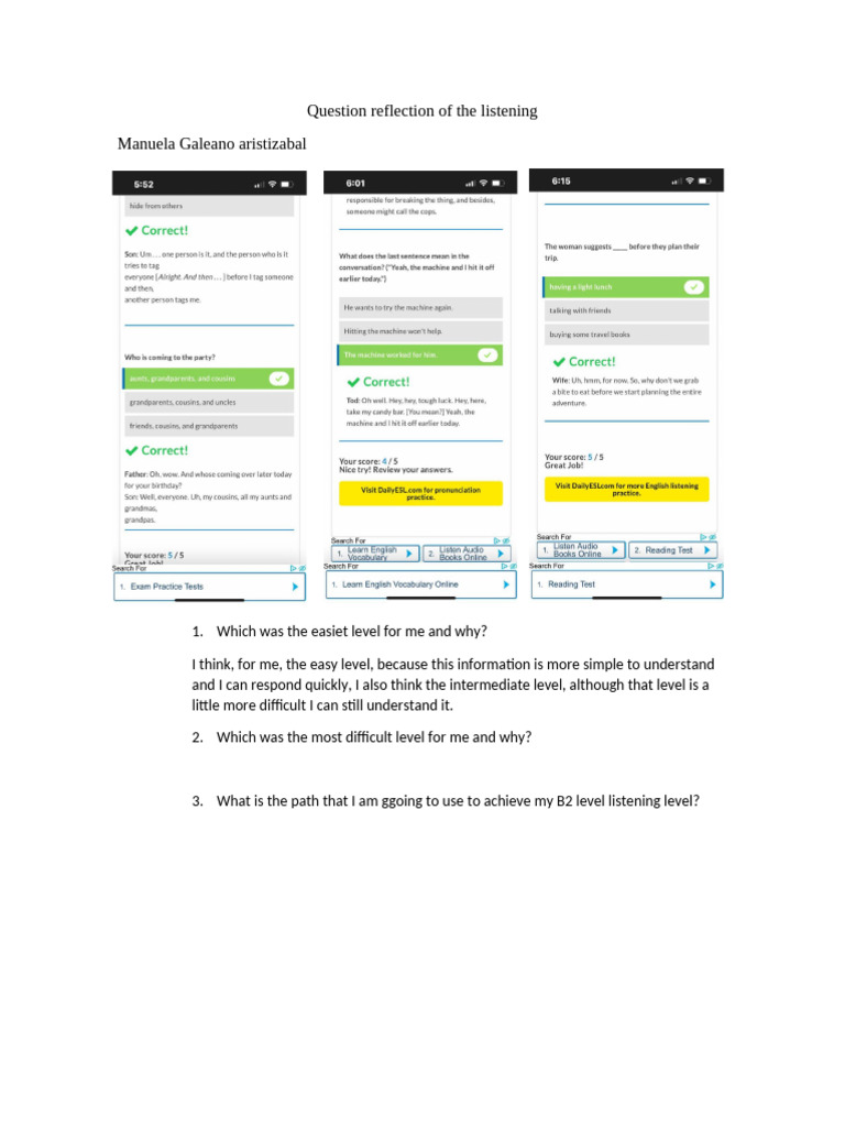 Listening Level Reflection for B2 Progress | PDF