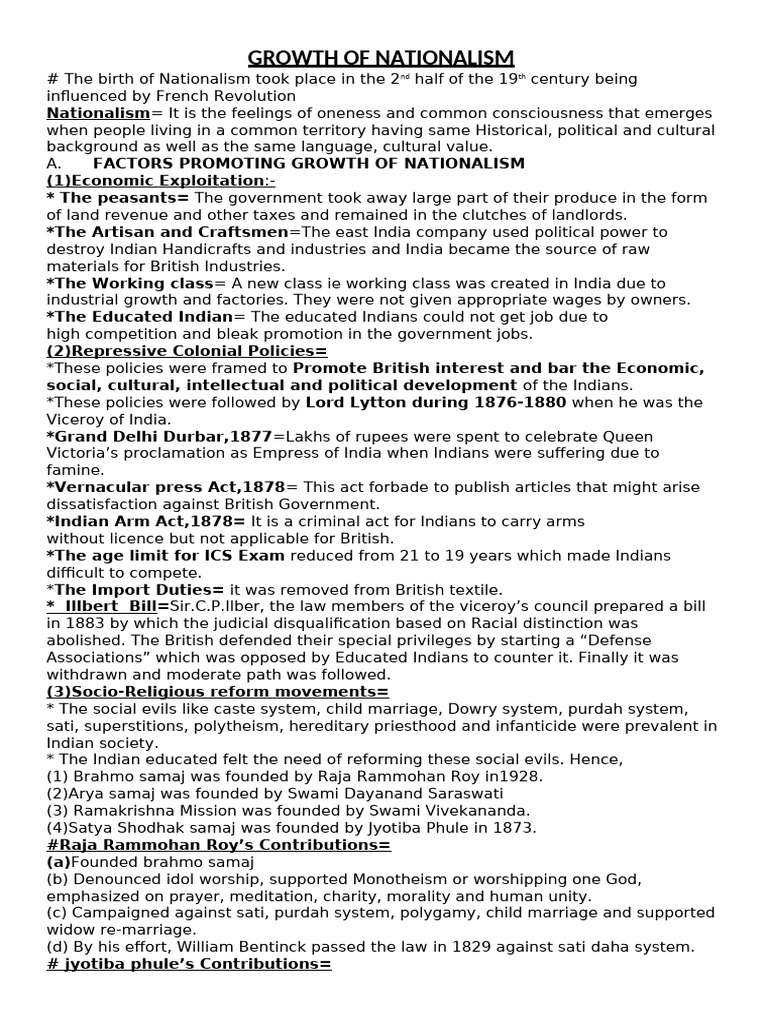 Growth of Nationalism Notes | PDF | British Raj | Swami Vivekananda