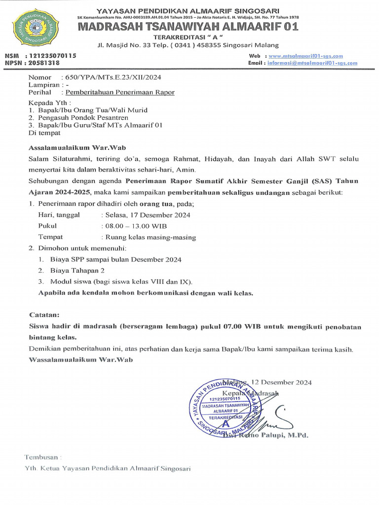 Pemberitahuan Penerimaan Rapor | PDF
