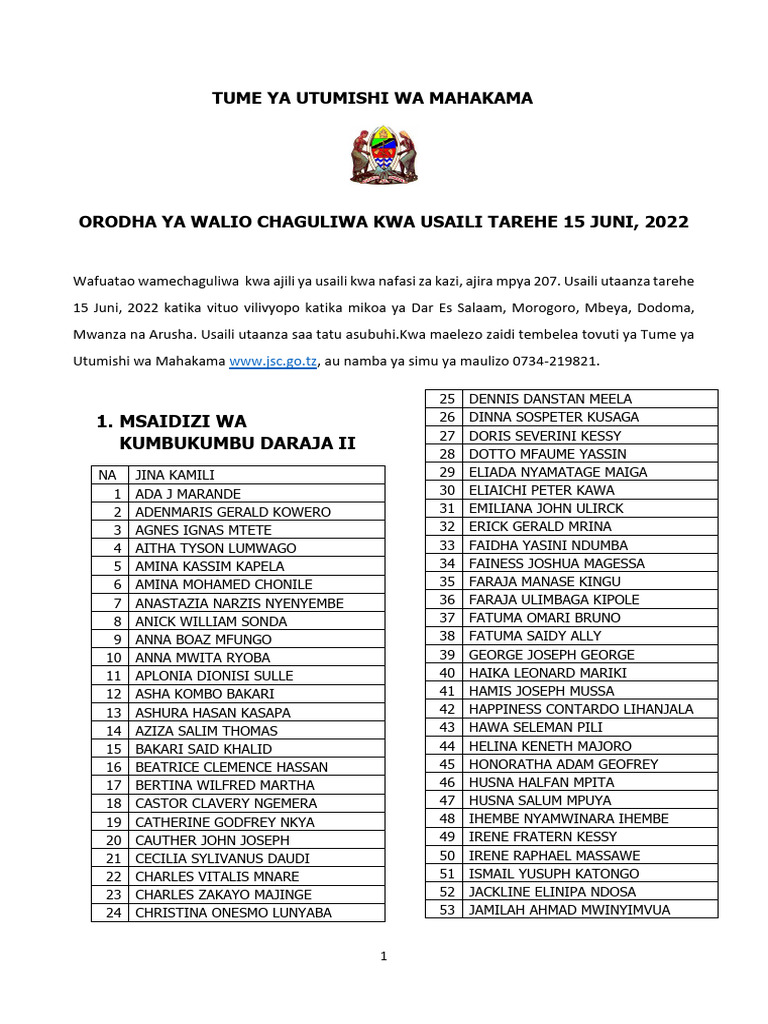 Orodha Ya Waliochaguliwa Usaili 2022 Pdf