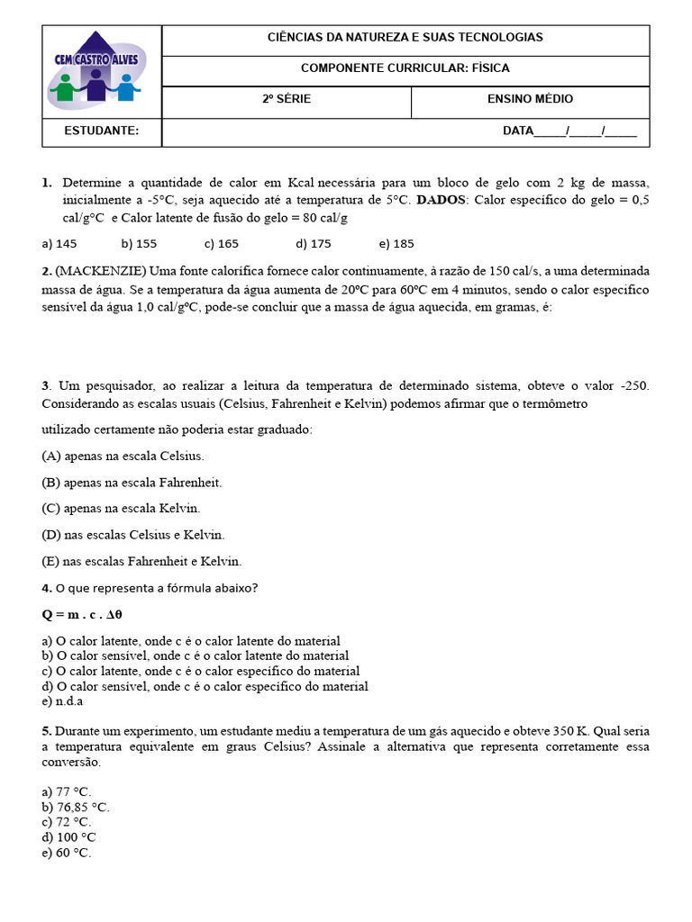 Cálculos de Calor e Temperatura em Física | PDF | Celsius | Fahrenheit