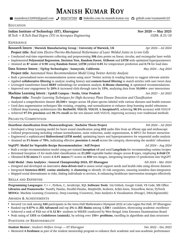 Manish Kumar Roy: Aerospace Engineer Profile | PDF | Deep Learning ...