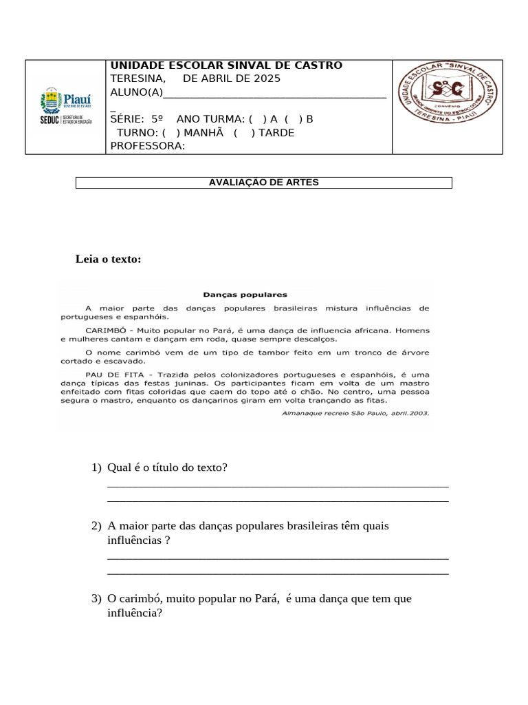 Avaliação de Artes 3 Ano | PDF