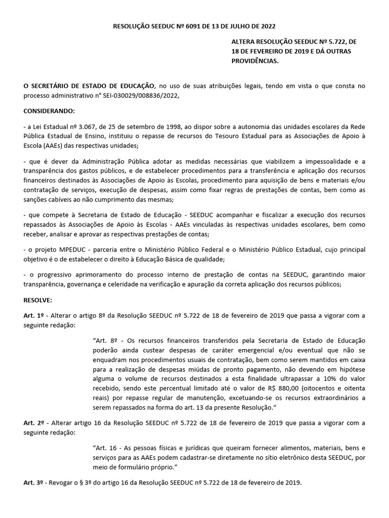 Alteração da Resolução SEEDUC 5722/2019 | PDF | Administração pública