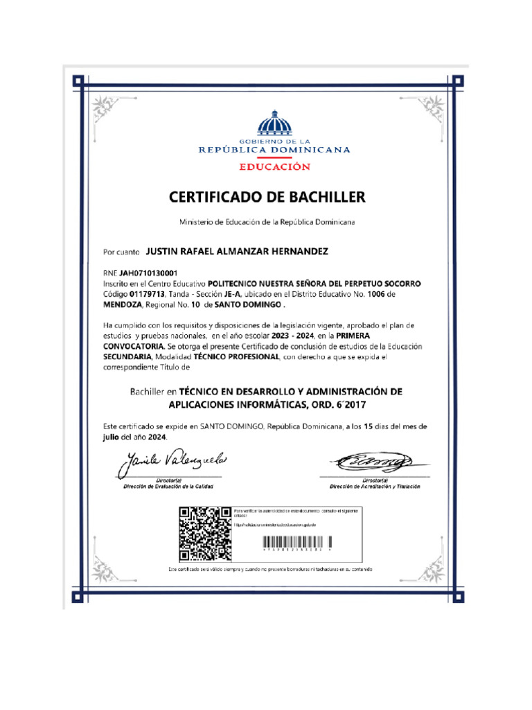 Certificado de Bachiller | PDF