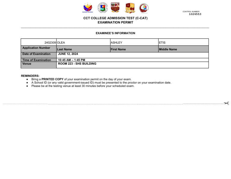 CCT Admission Test Examination Permit | PDF