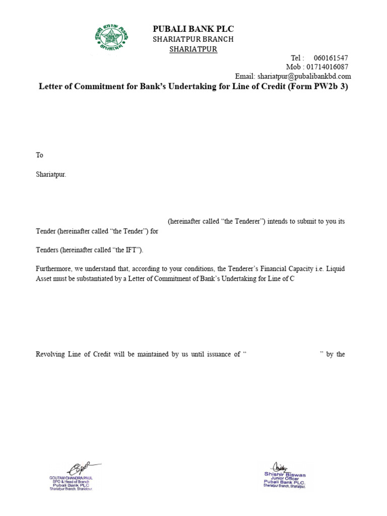 Pubali Bank Credit Commitment Letter | PDF
