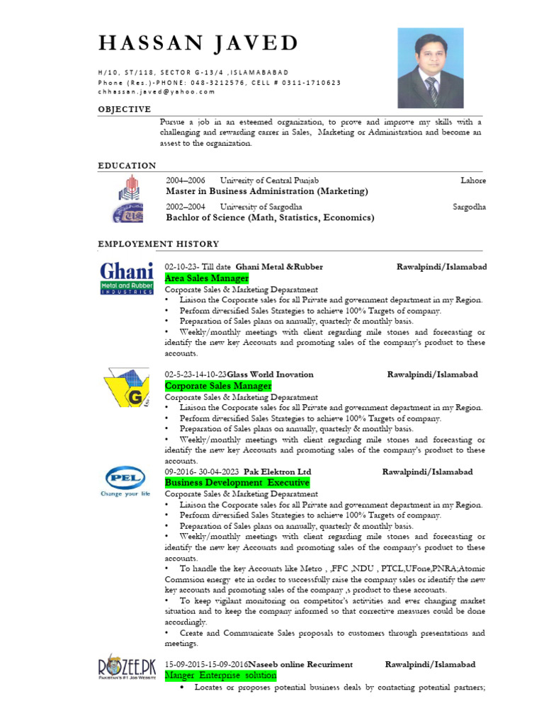 Sales and Marketing Resume of Hassan Javed | PDF | Sales