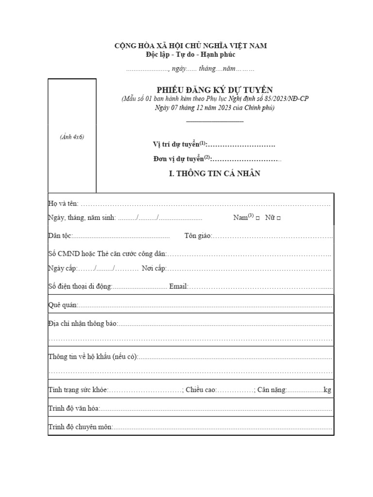Mau Phieu DKDT CC VC ND 85 2023 | PDF
