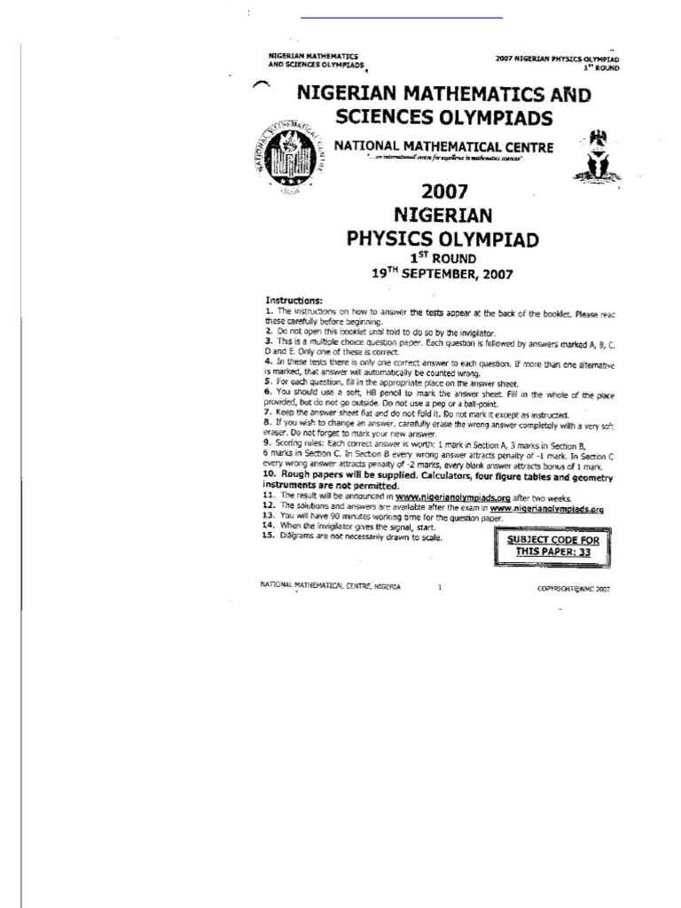 2007 Olympiad Physics S Pdf