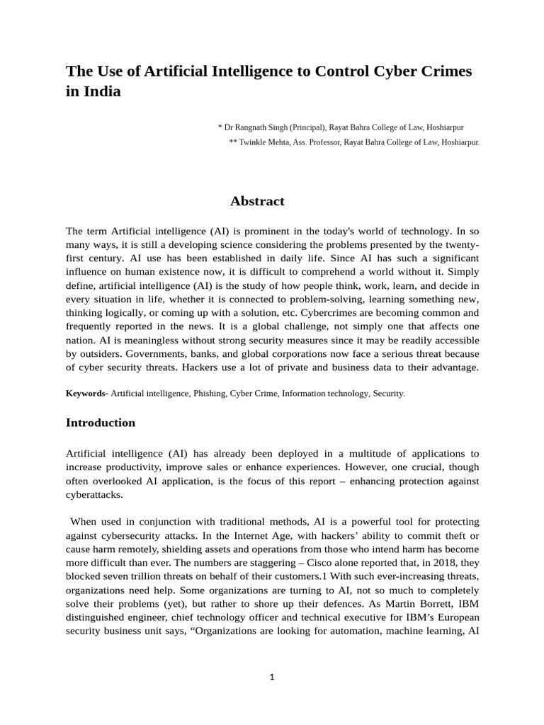 The Use of Artificial Intelligence To Curb Cyber Crimes in India | PDF ...