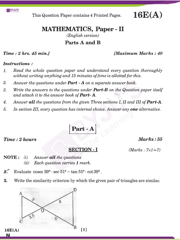 Telangana Board Class 10 Maths Paper 2 Previous Year Paper 2019 Pdf