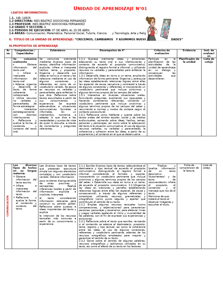 Unidad de Aprendizaje 4° Grado: Crecimiento | PDF | Datos | Fe