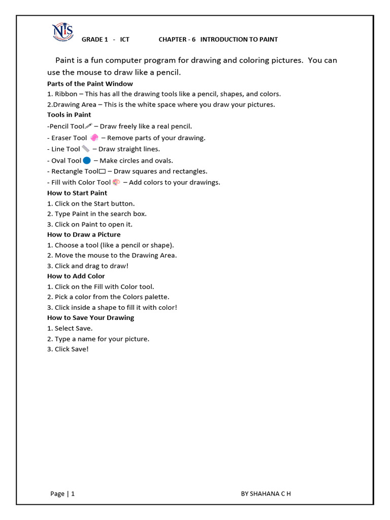 Introduction to MS Paint for Grade 1 | PDF