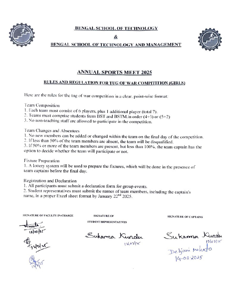 Tug of War (Girls) Rules and Regulation 2024-25 | PDF