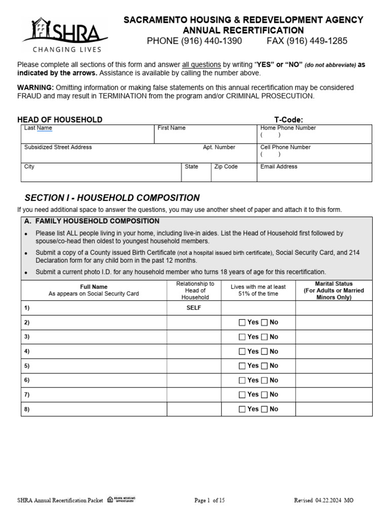 SHRA Annual Recertification Form 2024 | PDF | Leasehold Estate | Lease