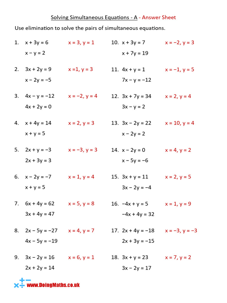 Simultaneous Equations Answer Sheet | PDF