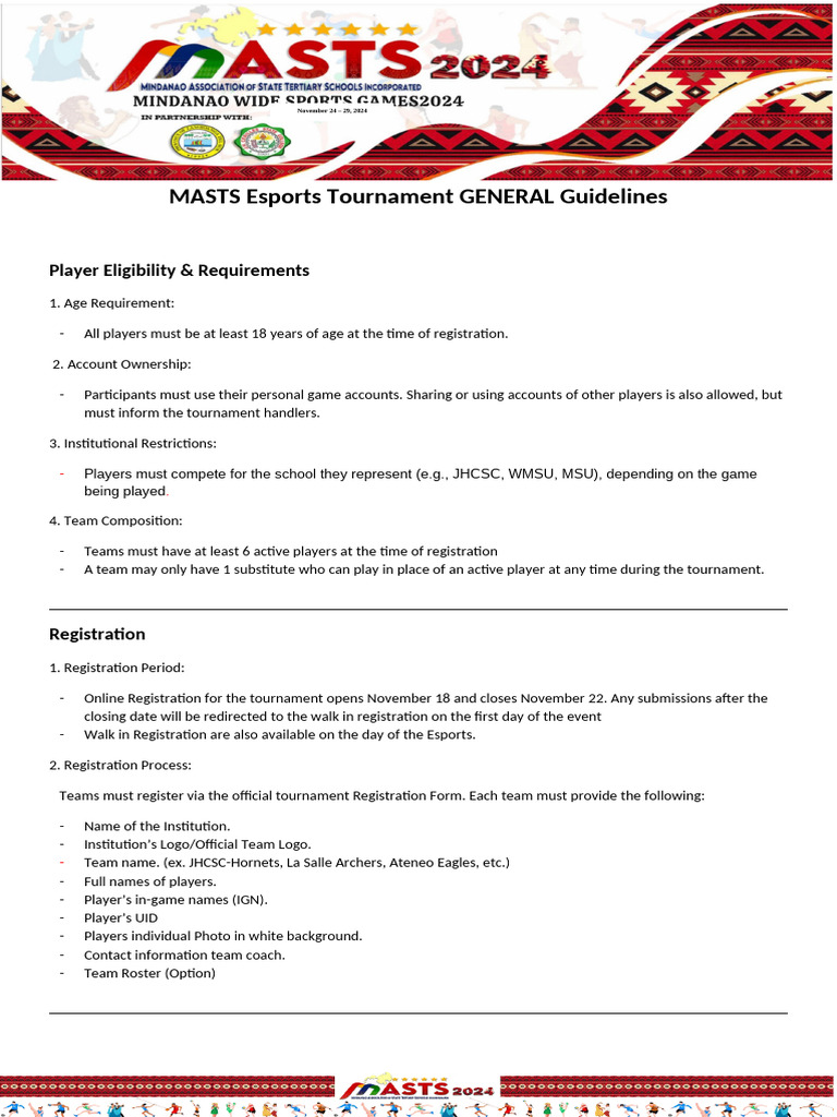 MASTS Esports Tournament Guidelines 2024 | PDF | Justice | Crime & Violence