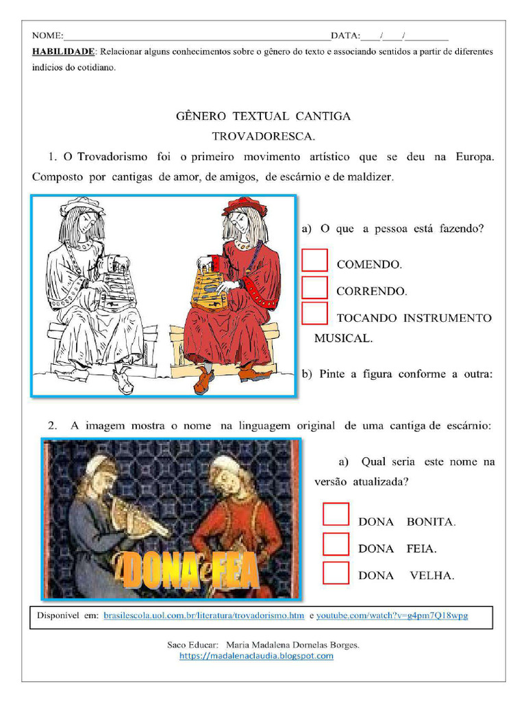 Atividade Adaptada - Gênero Textual Cantiga Trovadoresca | PDF