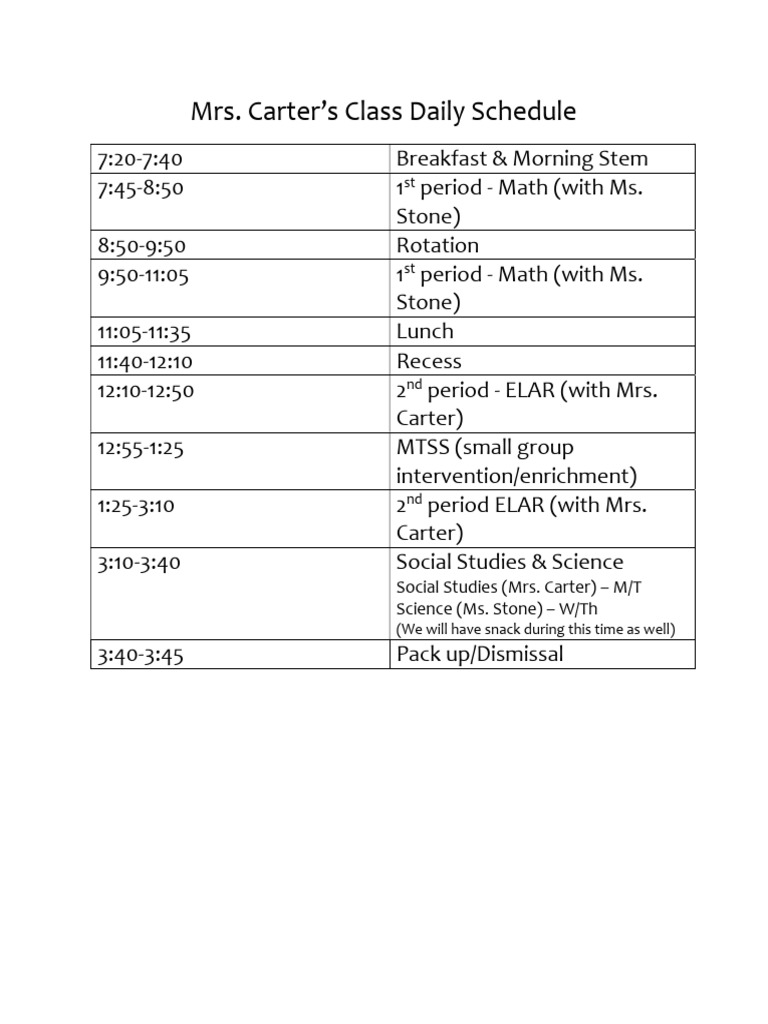 Mrs. Carter's Class Daily Schedule 24-25 | PDF
