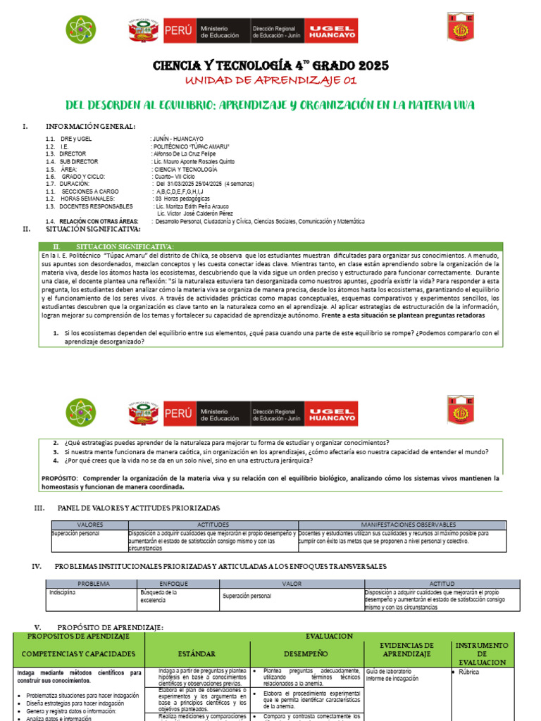 Unidad de Aprendizaje 01 4to-2025 | PDF | Observación | Aprendizaje