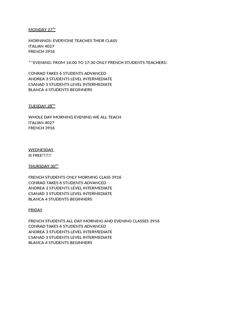 Weekly Language Class Schedule | PDF