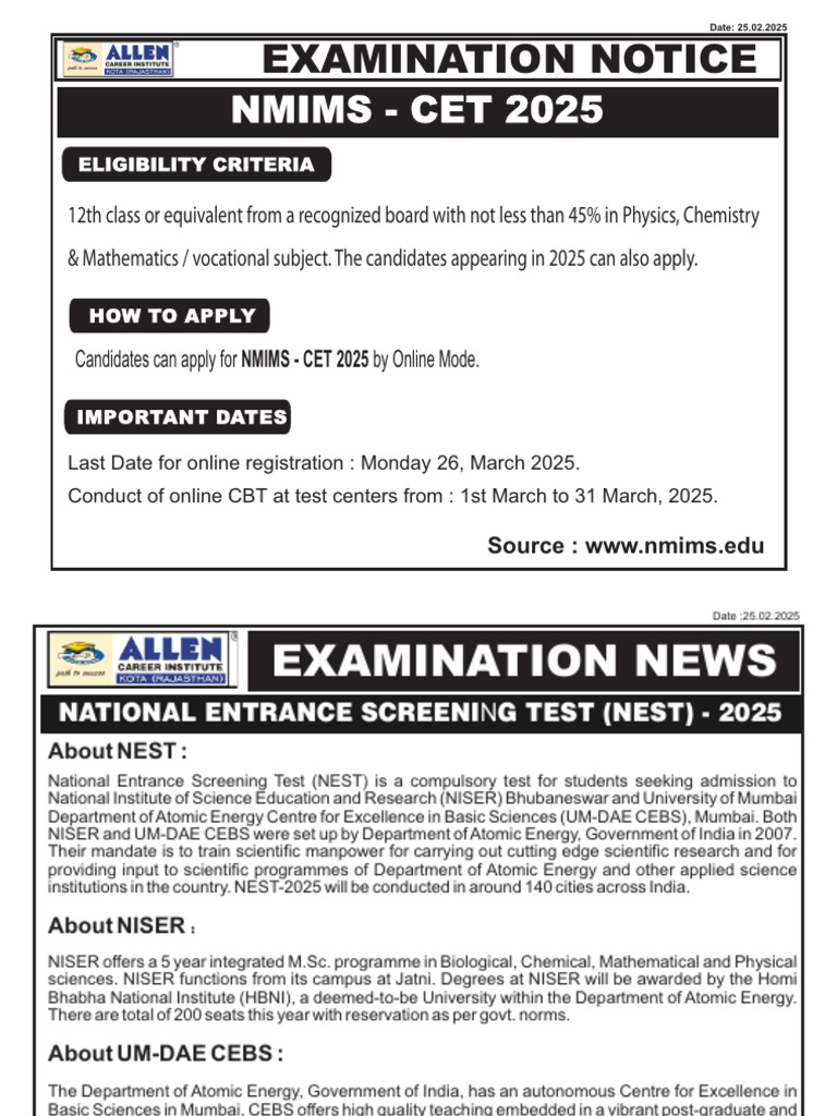 NMIMS CET 2025 Exam and Registration Dates | PDF | Educational Stages