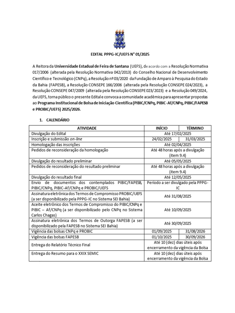 Edital PIBIC/PROBIC UEFS 2025/2026 | PDF | Pós-graduação | Science