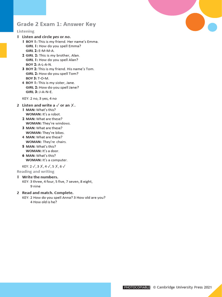 Grade 2 Listening Test Answer Key | PDF