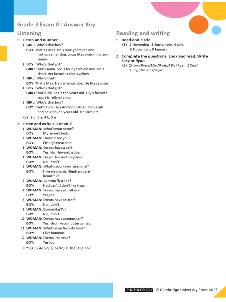 Grade 3 Exam Answer Key | PDF
