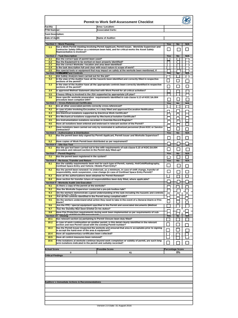 PTW System Audit Checklist | PDF | Occupational Safety And Health | Safety