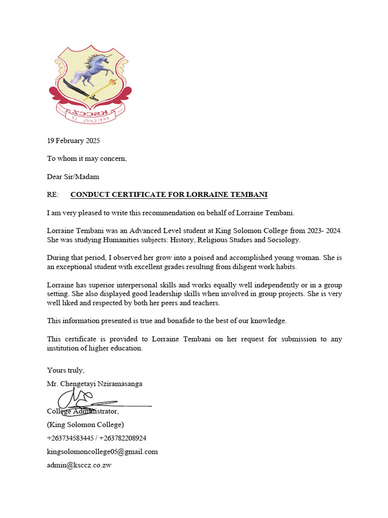 Conduct Certificate for Lorraine Tembani | PDF