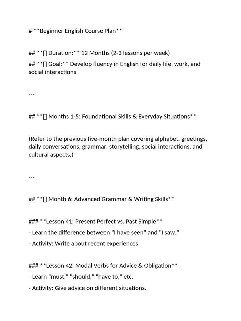1-Year Beginner English Course Plan | PDF | English Language | Linguistics
