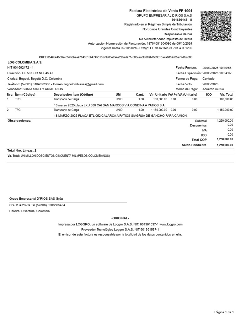 Log Colombia S.A.S. Fe10004 | PDF | Factura | Servicios (economía)