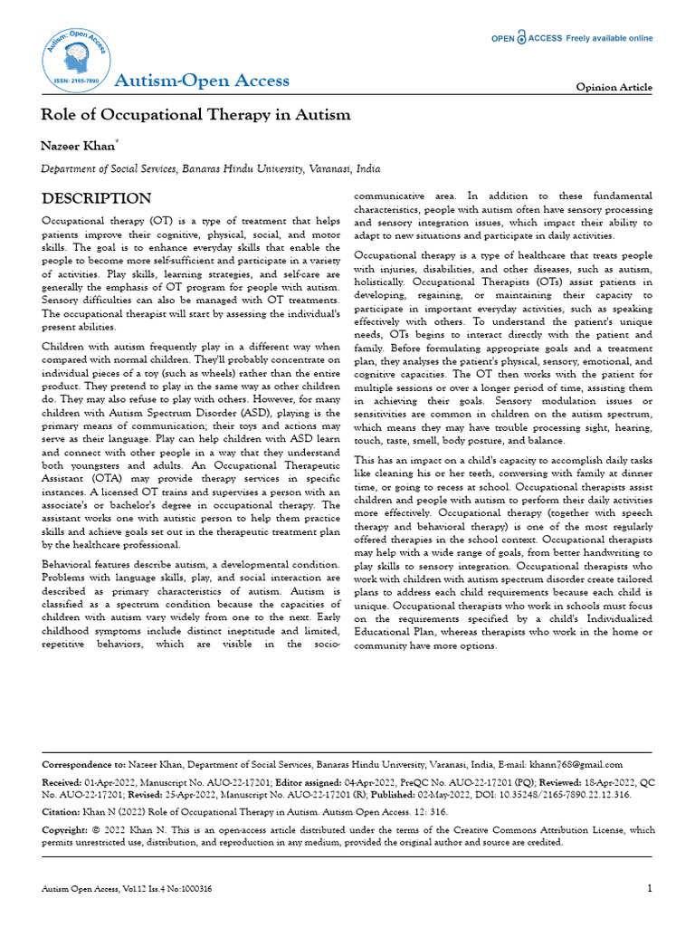 Role of Occupational Therapy in Autism | PDF | Occupational Therapy ...